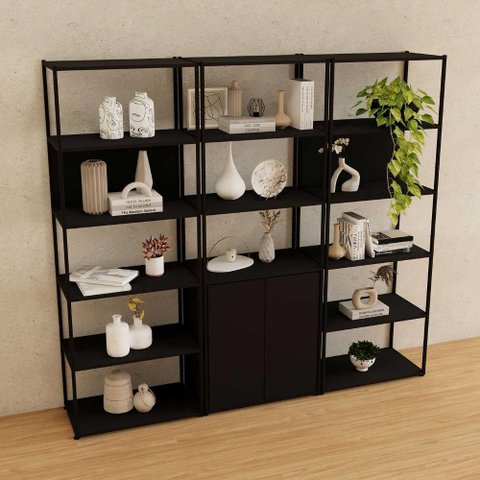 Estante Industrial 3 Torres Portas Prateleiras Metal Madeira Cor:preto
