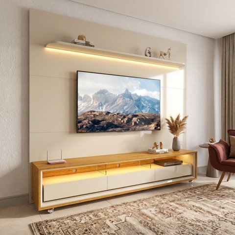 Rack com Painel para TV para 84 Polegadas com LED 100% MDF 240cm x 219cm Casuá Branco Off White/na