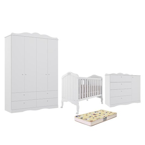 Dormitório Encanto Guarda-roupa, Cômoda e Berço Harmonia Branco com Colchão Supreme - Permóbili