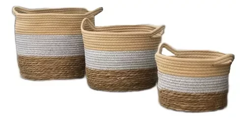Jogo 3 Cestos Fibra Natural e Algodão Cinza com Palha - 1