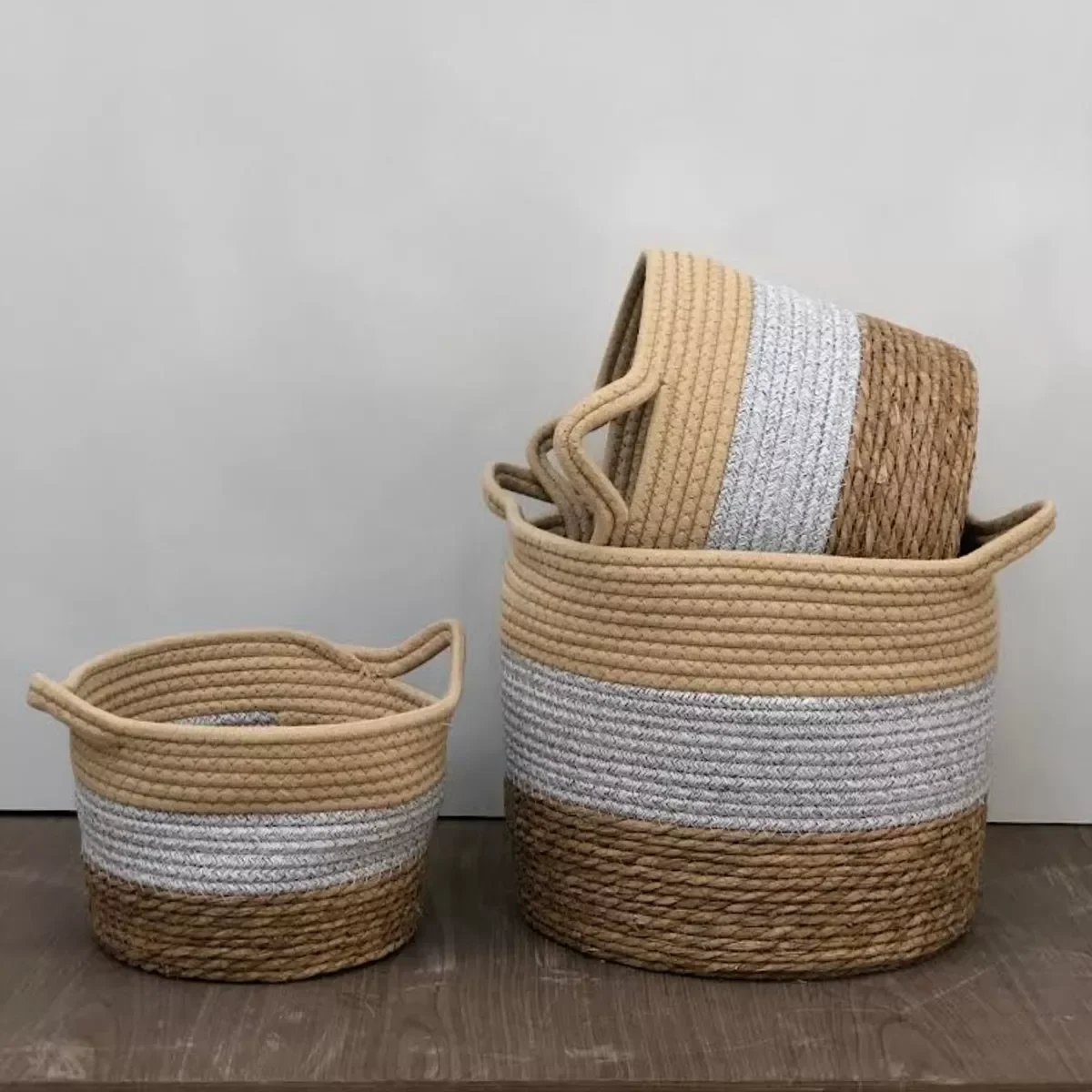Jogo 3 Cestos Fibra Natural e Algodão Cinza com Palha - 2