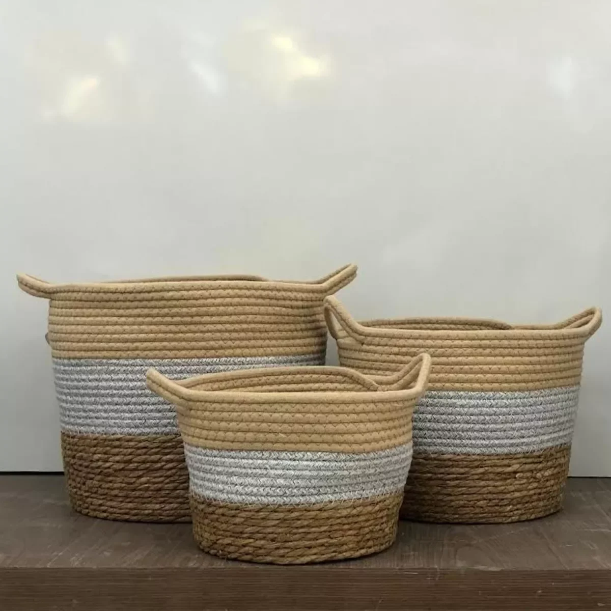 Jogo 3 Cestos Fibra Natural e Algodão Cinza com Palha - 5