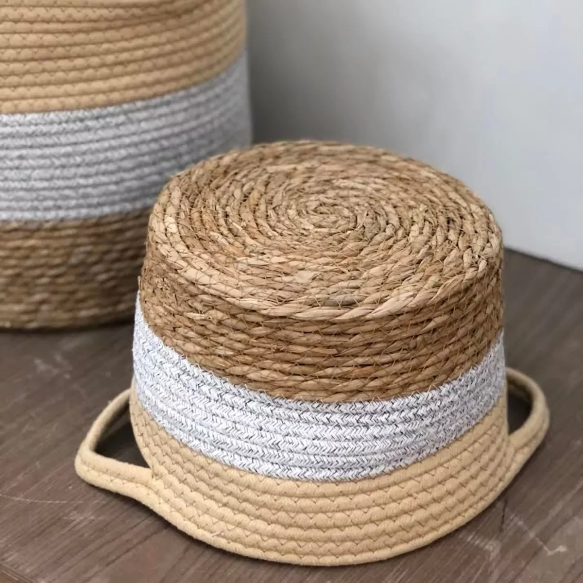 Jogo 3 Cestos Fibra Natural e Algodão Cinza com Palha - 4