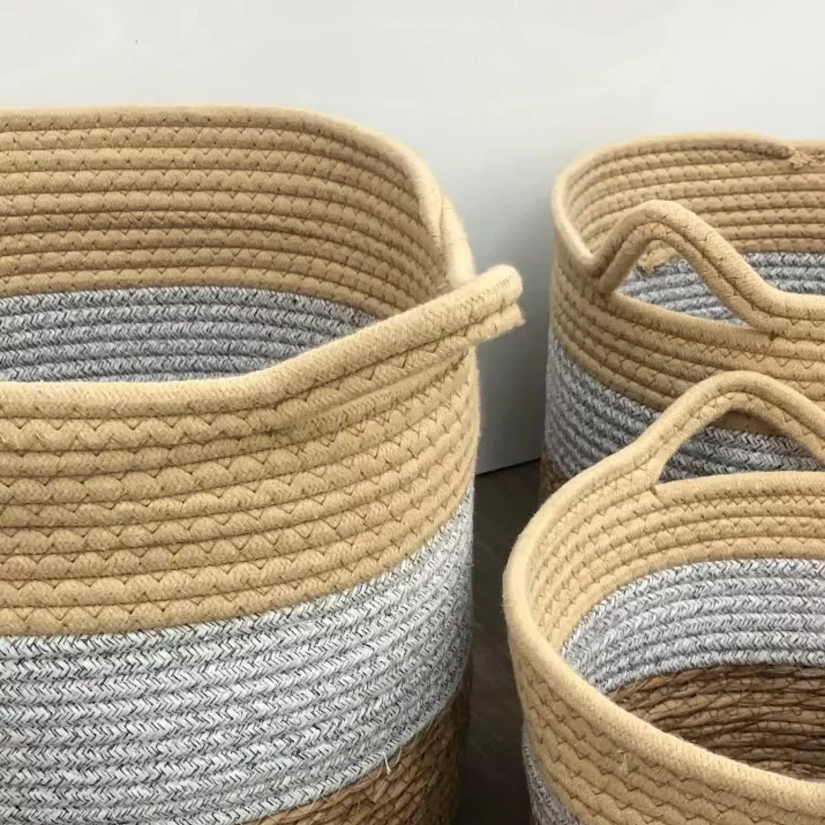 Jogo 3 Cestos Fibra Natural e Algodão Cinza com Palha - 6