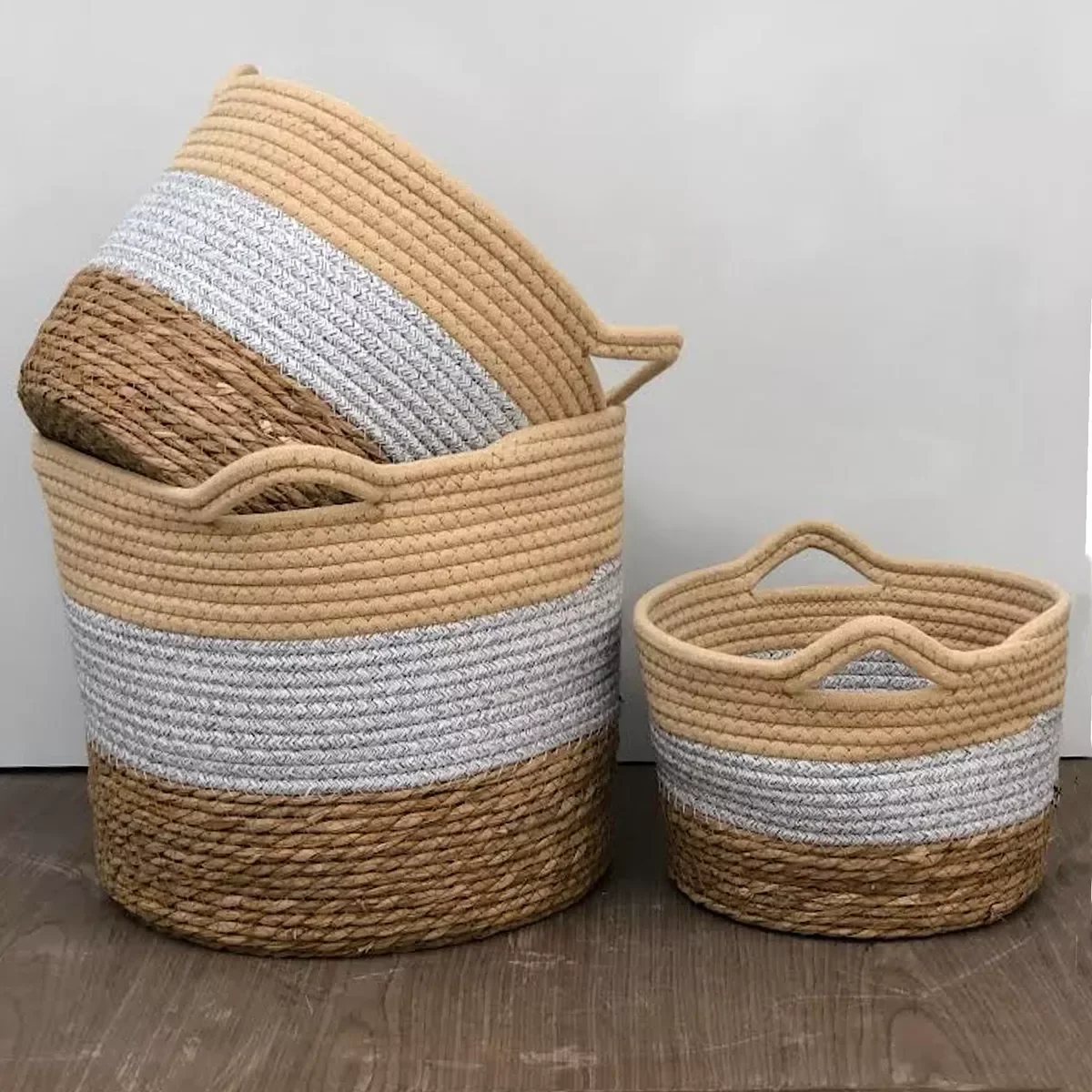 Jogo 3 Cestos Fibra Natural e Algodão Cinza com Palha - 3