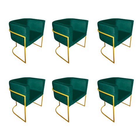 Kit 6 Poltronas Decorativa Sala de Estar Base de Ferro Dourada Veludo Verde