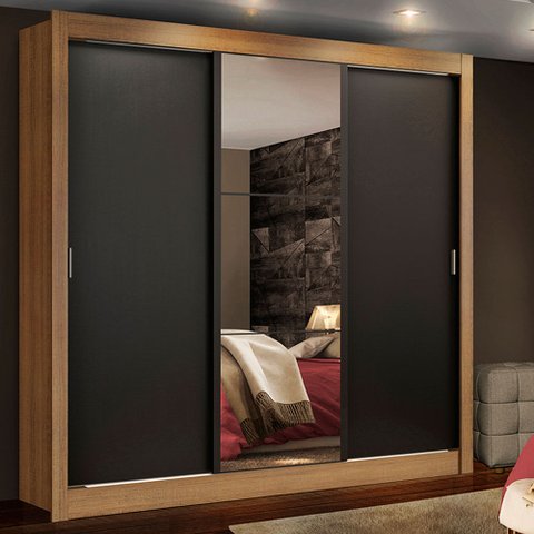 Guarda-Roupa Casal Madesa Lyon Plus 3 Portas de Correr com Espelho 4 Gavetas Rustic/Preto Cor:Rustic