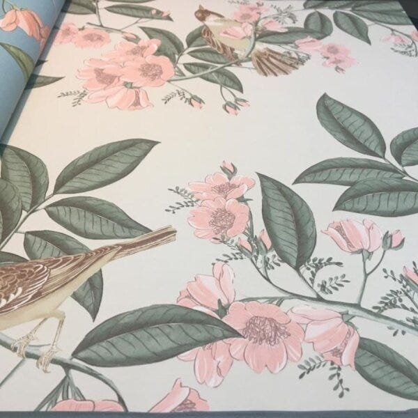 Papel De Parede Vinilico 4112 Floral Bege Rosa Verde Passaros - 2
