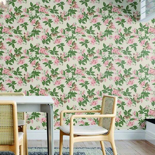 Papel De Parede Vinilico 4112 Floral Bege Rosa Verde Passaros - 3