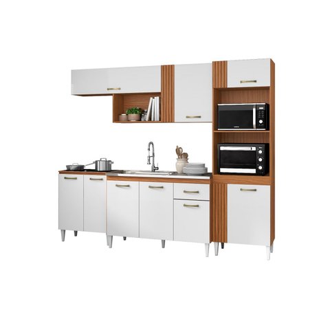 Cozinha Compacta Vitória Completa com Balcão para Pia 120cm sem Tampo/cuba - Cinamomo/branco Aramóve