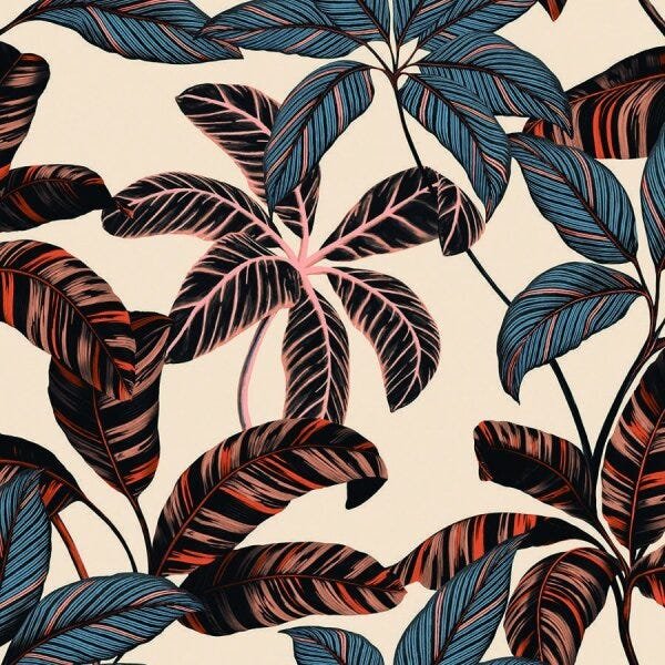 Papel De Parede Vinilico 4104 Natural Folhagens Azul Rosa Preto - 1