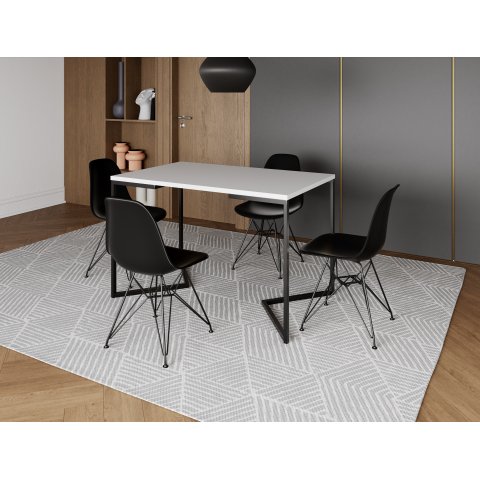 Mesa Industrial Base Ferro Preto em  V  Tampo 137x90 Branco 4 Cadeiras Eames Assento Preto Ferro Pre