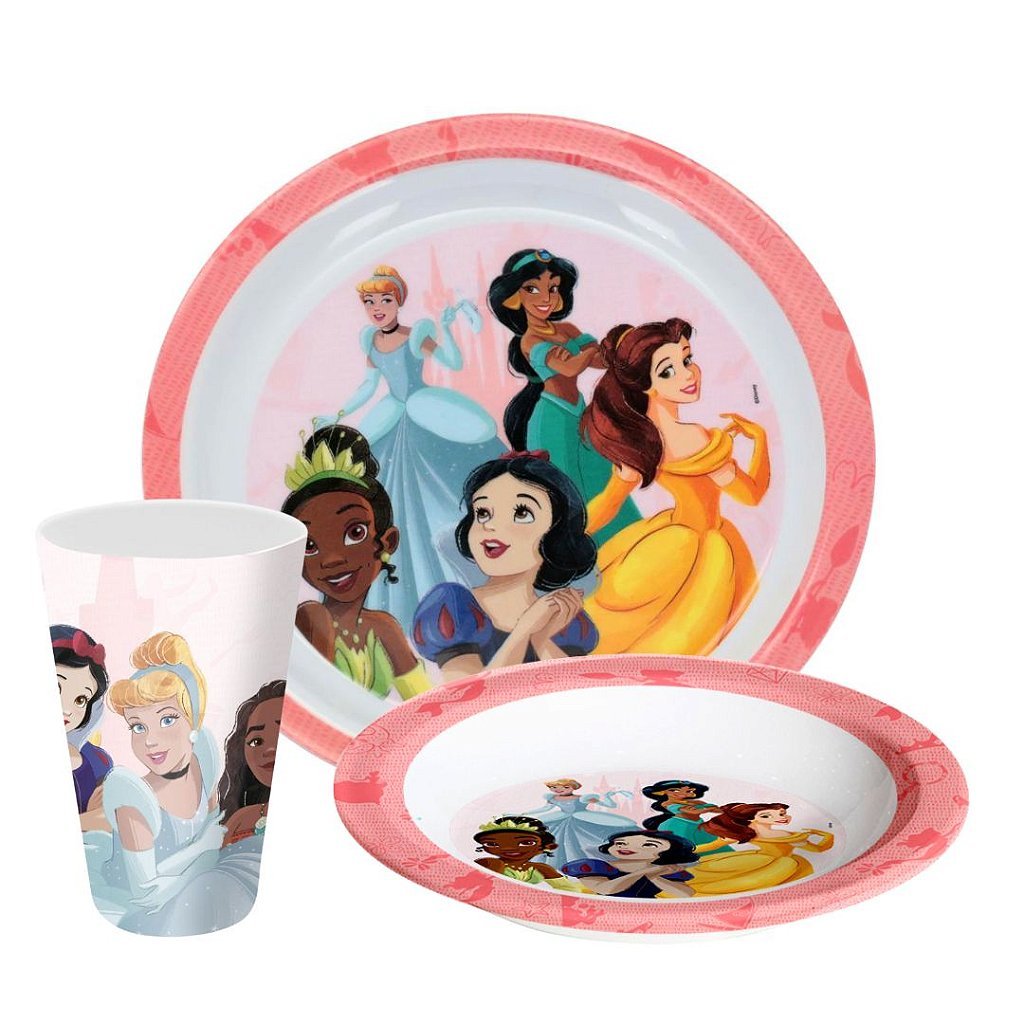 Kit Refeição Infantil Princesas Disney 3 Peças Pratos e Copo