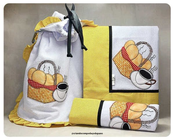Saco de pão, pano de prato e toalha de chá bordado - Pão e Café - 1