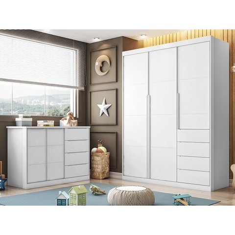 Jogo de Quarto com Guarda Roupa 3 Portas e 4 Gavetas + Cômoda 2 Portas e 4 Gavetas Pérola Branco - P