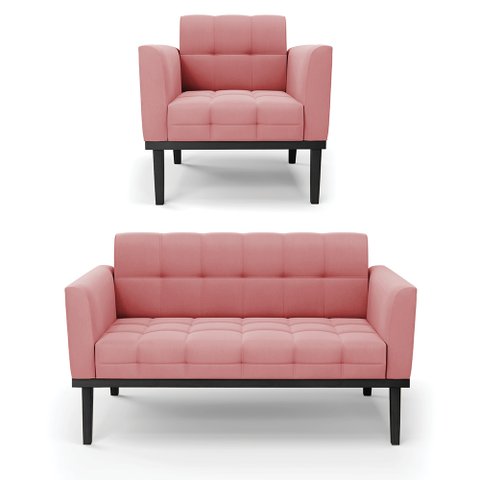 Conjunto Poltrona e Namoradeira Decorativa Karen Pés Fixo em Madeira Preto Suede Rose G19 - Gran Bel