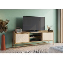 Rack Linha Oslo Mdf Cor Hanover Base Metal Dourado Acabamento Palha Sintética - a Casa Maju - 4