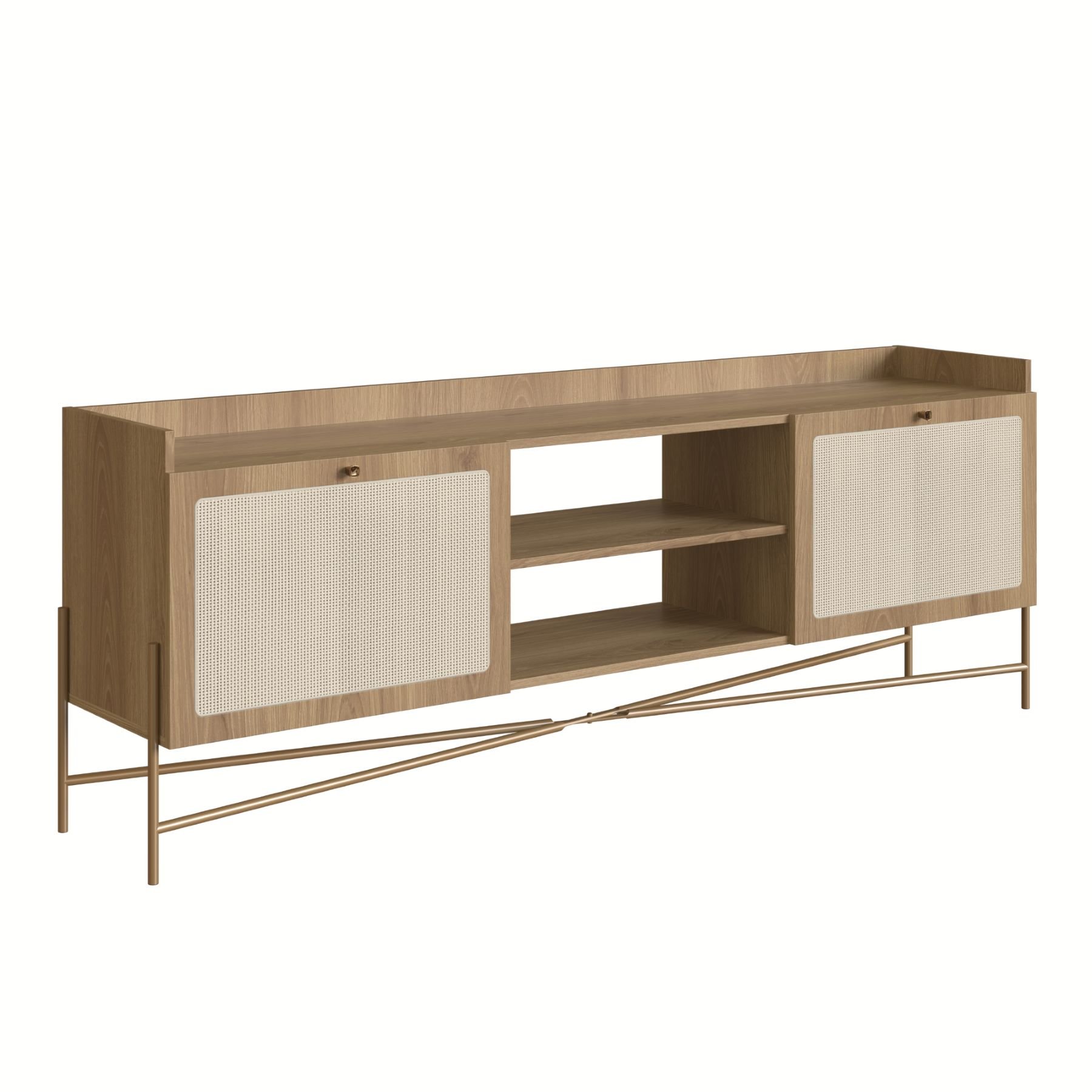 Rack Linha Oslo Mdf Cor Hanover Base Metal Dourado Acabamento Palha Sintética - a Casa Maju