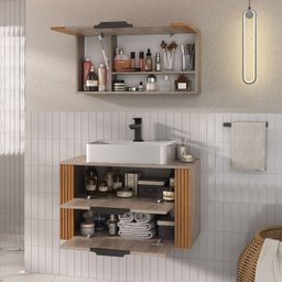 Conjunto Gabinete Banheiro Taos 80cm (Armário + Cuba + Espelheira + Tampo Vidro) - 3