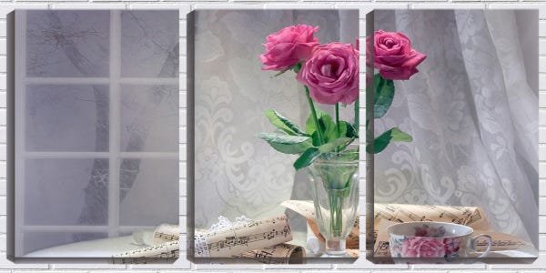 Quadro canvas 68x126 três rosas e partituras - 1