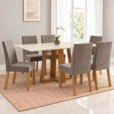 Conjunto Sala de Jantar Mesa Lisa 160cm Tampo MDF Canto Reto 6 Cadeiras Flávia