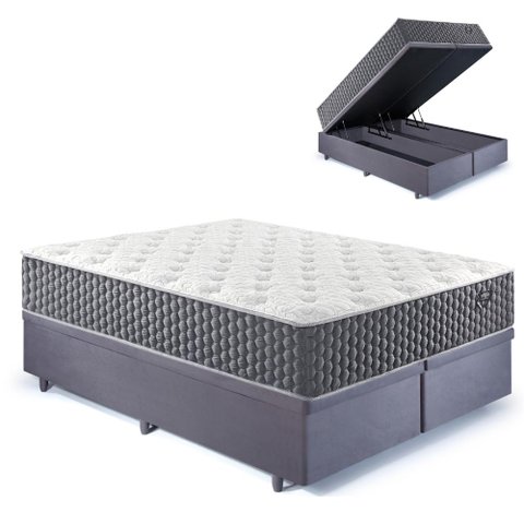 Base Box Baú Queen Bipartido 158x198 Suede com Colchão Relax Fresh Molas Ensacadas
