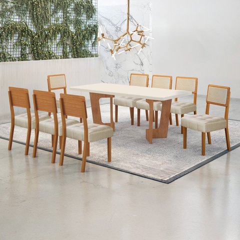 Conjunto Sala de Jantar Mesa 180cm com 8 Cadeiras Liz Bege/Cinamomo/Off White/Linho