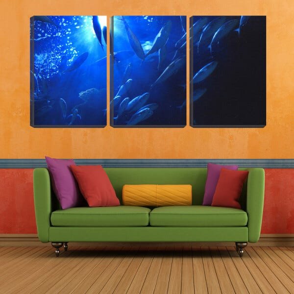 Quadro canvas 68x126 cardume na água azul - 1