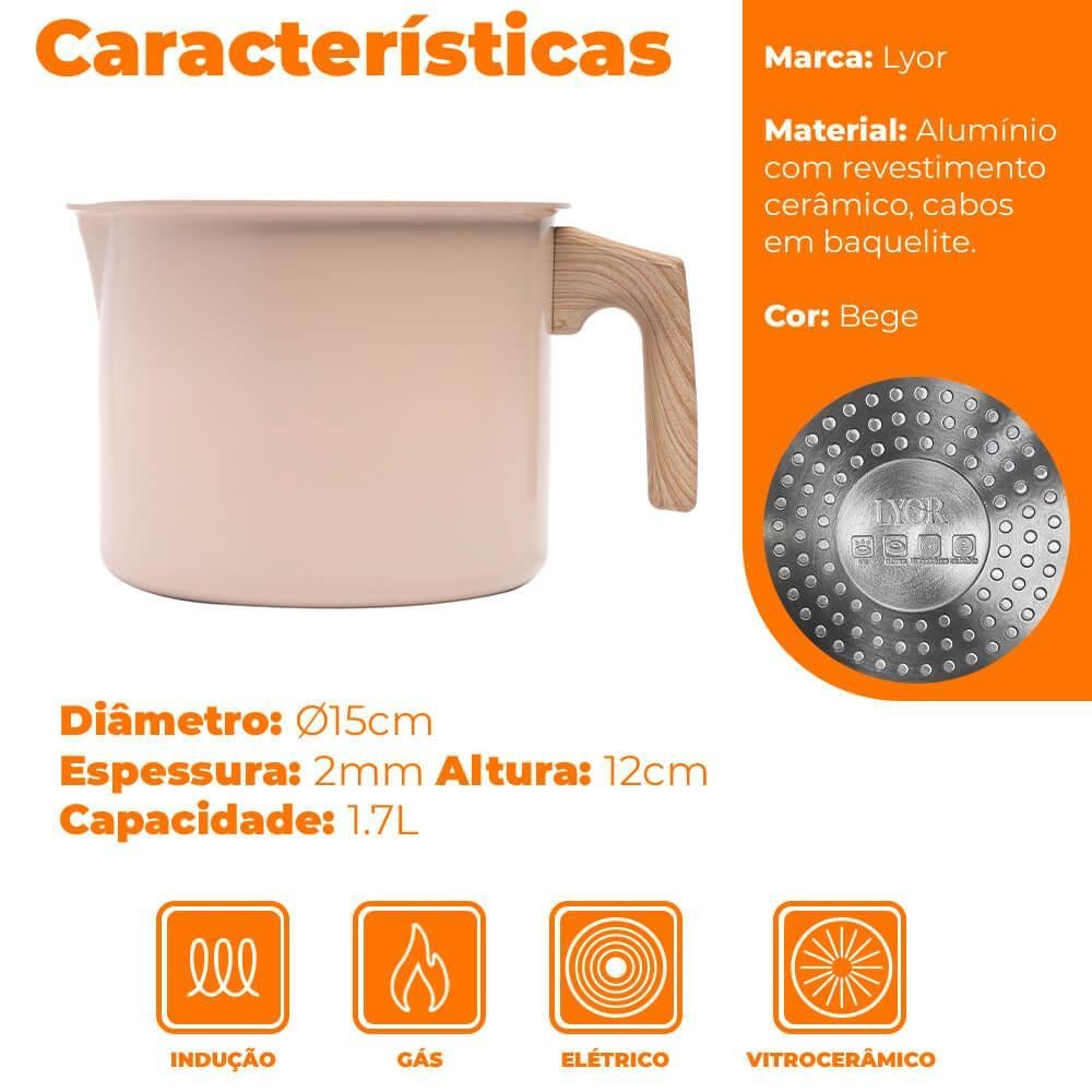 Leiteira de Indução Revestimento Antiaderente Cerâmica Bege 1,7l - Lyor - 4