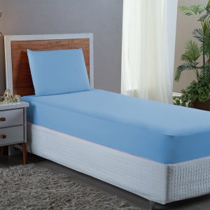 Jogo de Cama de Solteiro 2 Pç Lençol + Fronha Premium Micro Percal 400 Fios Liso Azul Piscina