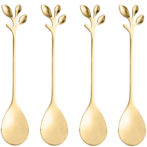 Colher de Chá em Aço Inoxidável Leaves Kit Colheres de Chá Café Sobremesa Ramo 4 Unidades - Dourado