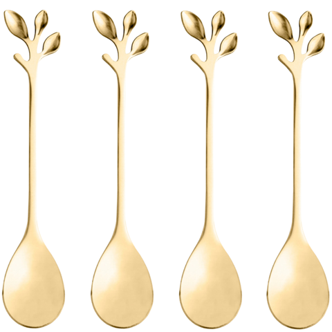 Colher de Chá em Aço Inoxidável Leaves Kit Colheres de Chá Café Sobremesa Ramo 4 Unidades - Dourado