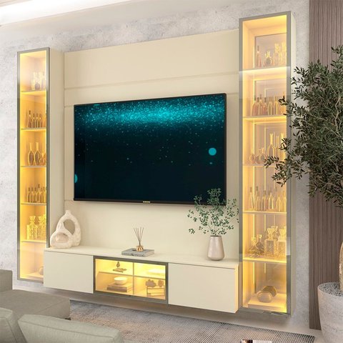 Estante para TV e Home Theater até 65 Polegadas com LED com Vidro Reflecta 100% MDF 226,4cmx217,6cm Led e Porta Luminare