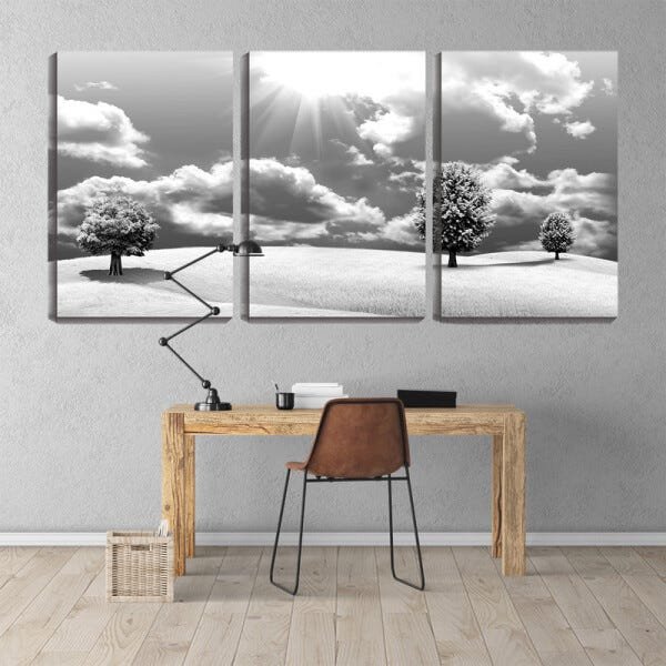 Quadro canvas 68x126 três árvores no campo pb - 2