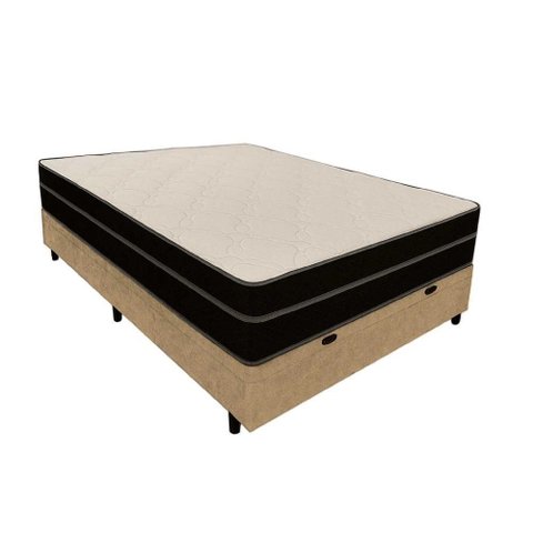 Cama Box Baú Casal 138 Suede Bege com Colchão Paris Molas Ensacadas Preto 67x138x188
