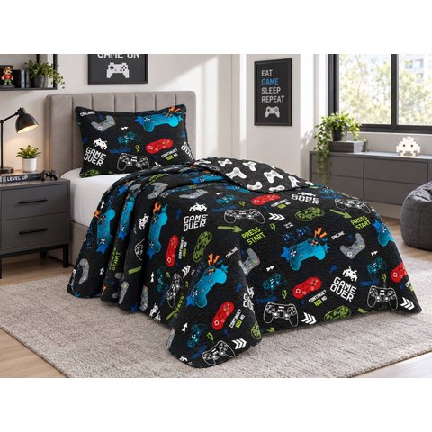 Kit Colcha Infantil Meninos Dupla Face Solteiro 160x240cm - Games