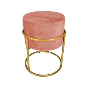 Puff Decorativo Redondo Base de Ferro Dourada Tecido Veludo Rosê Rosa