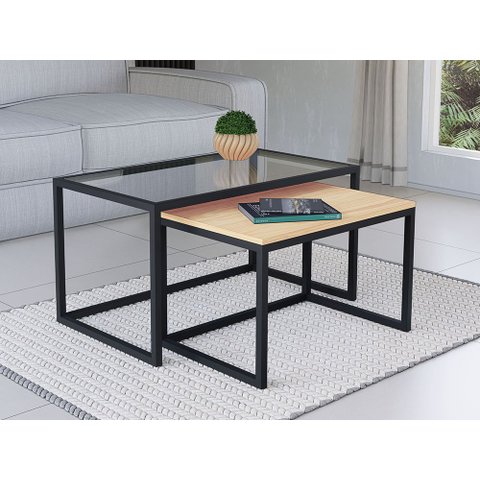 Conjunto Mesa de Centro Industrial 65cm e 60cm Preto Duo Vidro e Madeira Don Castro Decor Pinus