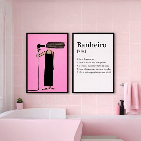 Kit 2 Quadros Banheiro Feminino Secador 24x18cm Mold Preta Vidro