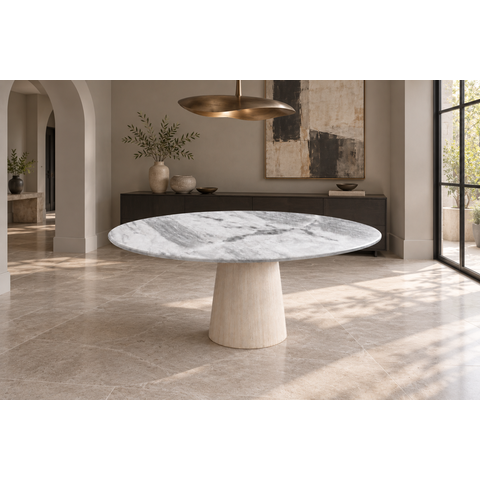 Mesa de Jantar com Tampo em Mármore Espírito Santo e Base Marfim 120x80