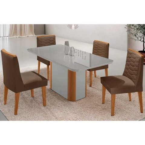 Conjunto Sala de Jantar Pietá C/ Tampo Madeirado C/ Vidro Canto Curvo 120x80cm e 4 Cadeiras