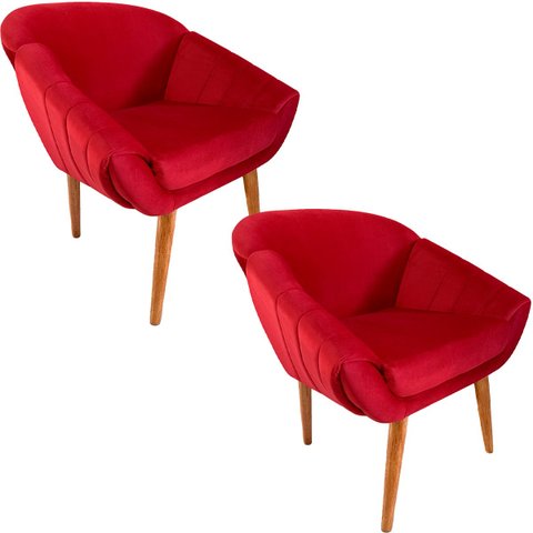 Kit Duas Poltronas Giovana em Sued Premium:vermelho Pés Madeira Claro