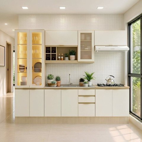 Cozinha Compacta Modulada Cristaleira Balcão com Tampo Cootop e sem Tampo de Pia Nanda Nuture/Arenas