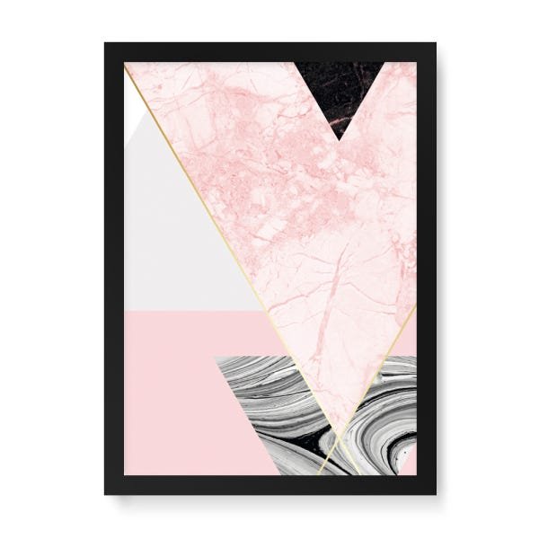 Quadro Decorativo Geométrico Triângulos Mármore Rosa - 46x32,5cm (Moldura caixa laca preta) - Arte M - 1
