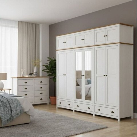 Conjunto Guarda-Roupa 12 Portas e Cômoda 8 Gavetas 100% Madeira Maciça - Topázio Finestra Móveis Branco/Freijó