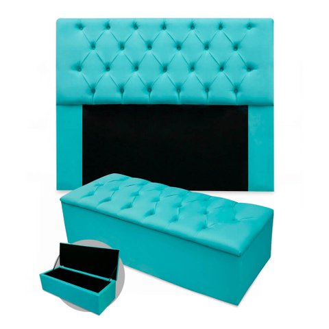 Kit Cabeceira + Calçadeira Baú Mirage Casal 140cm Suede - Ecotec Decor:Azul Turquesa