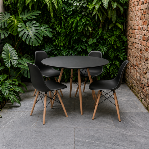Conjunto de Mesa e Cadeiras Eames Preto Base de Madeira Tampo Redondo de 70cm + 4 Cadeiras