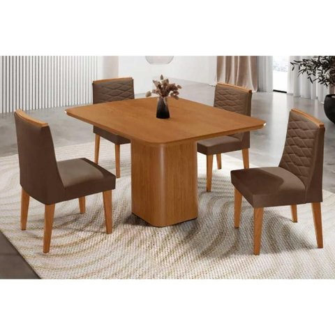 Conjunto: Mesa Sala Jantar Maldivas C/ Tampo Madeirado Canto Curvo 90x90cm e 4 Cadeiras Maldivas