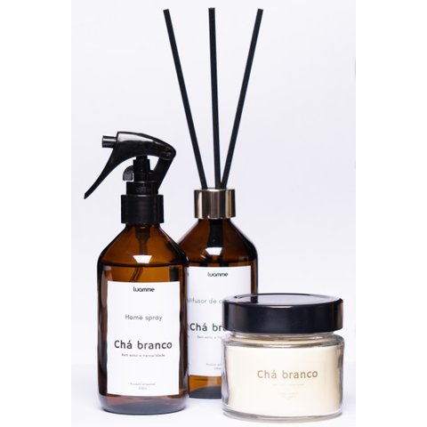 Kit Vela, Home Spray e Difusor de Ambientes Chá Branco Vidro 200ml