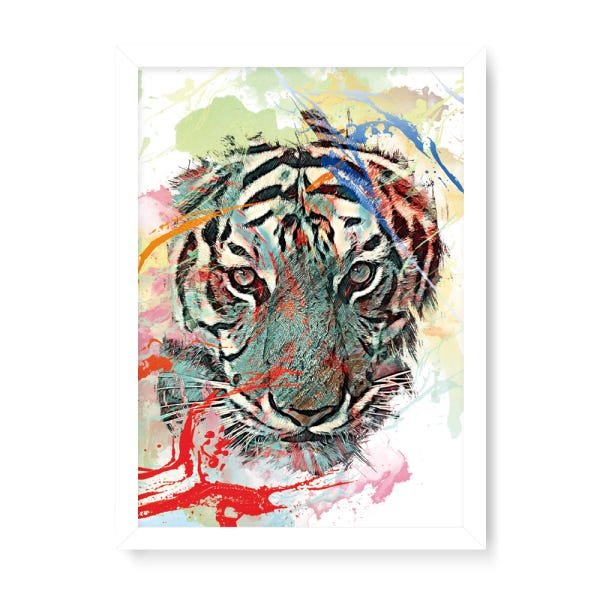 Quadro Decorativo Tigre Tintas Close - 32,5x23cm (Moldura em laca branca) - Arte Maníacos - 1